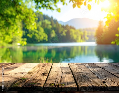 Wooden foreground with lake & mountains in the sun