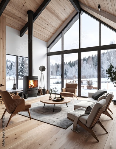 Cozy modern living room with fireplace and snowy view (2)