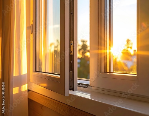 Golden sunlight streams through a window, curtained