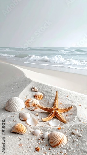 Beach scene with starfish, shells, and breaking waves