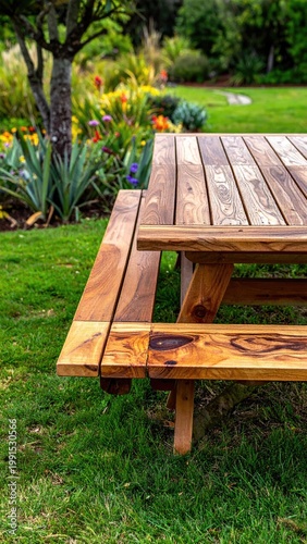 Wooden picnic table in garden, flowers blurred