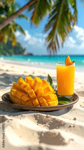 Tropical beach scene with sliced mango and juice