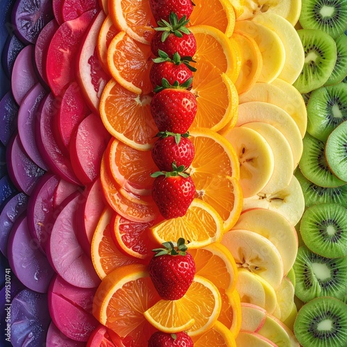 A rainbow row of layered fruits, berries on top