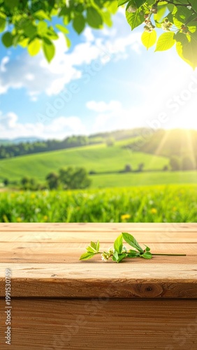 Wooden table foreground with sunny countryside vista