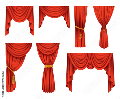 Red curtains realistic collection. Theater fabric silk decoration for movie cinema or opera hall. Curtains and draperies interior decoration object. Isolated on white for theater stage.