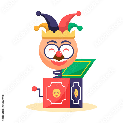 Clown emerges from box April Fools Day, illustration