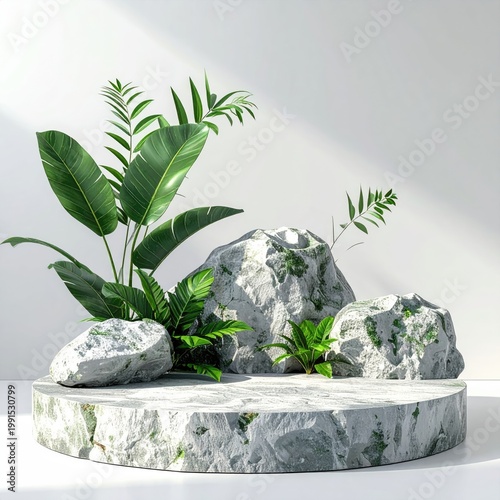 Stone stage with lush green plants, bright light