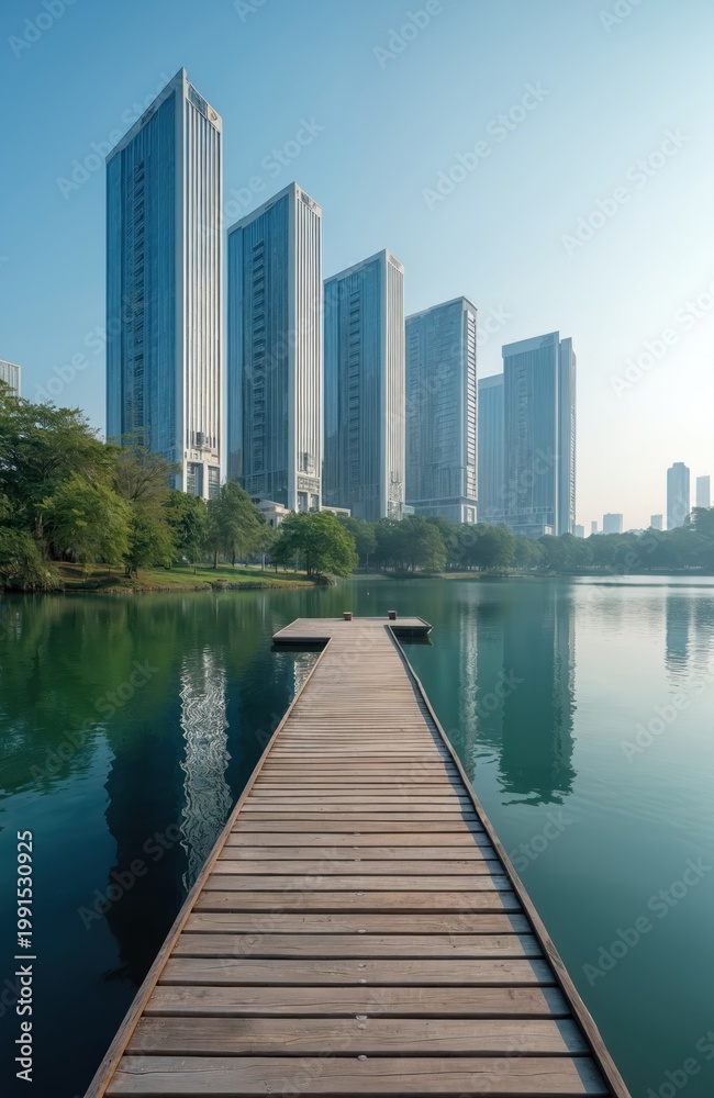 Fototapeta premium Wooden pier on calm lake leads to modern city skyscrapers. Green trees line shore, water reflects towers. Peaceful urban waterfront landscape under clear sky.
