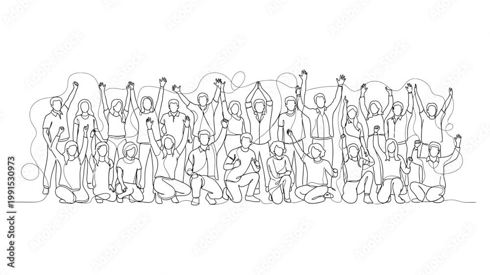 Naklejka premium Diverse group of people celebrating together. Continuous line style. Hand drawn. Line art. Vector design. illustration