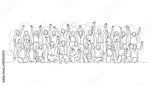 Diverse group of people celebrating together. Continuous line style. Hand drawn. Line art. Vector design. illustration