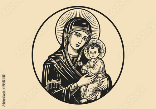 Foto Virgin Mary and Infant Jesus Christ Religious Illustration - Vintage Catholic Ic