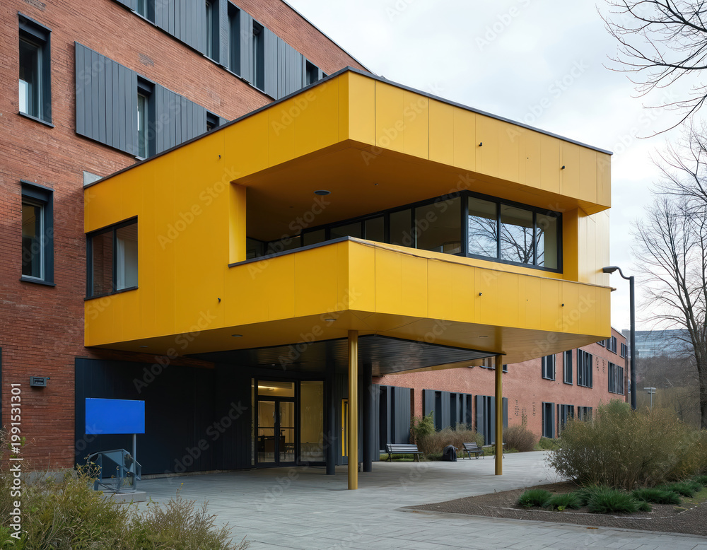 Obraz premium Modern brick building with bright yellow facade accent. Large windows reflect cloudy sky. Office complex entrance with glass doors benches and green plants.
