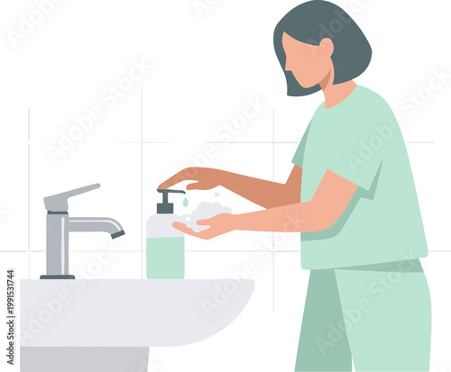 A woman dispenses hand sanitizer into her hands at a bathroom sink