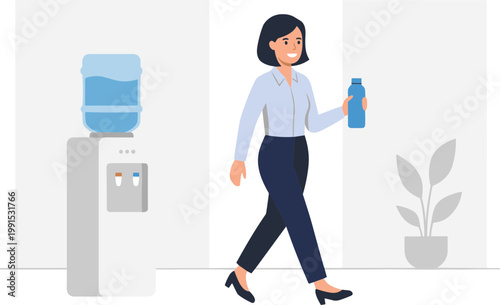 A woman walks with a bottle near an office water cooler with a plant.