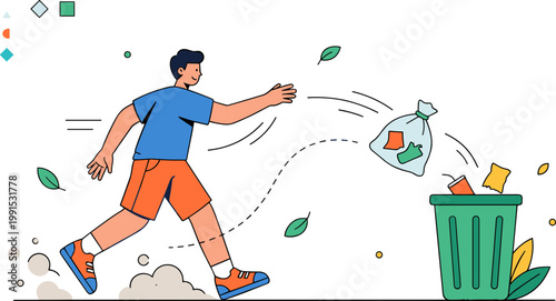 Man throwing trash bag into green bin on street with leaves