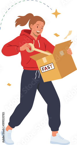 Woman excitedly opens a cardboard box labeled FAST in a joyful moment.