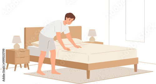 Man making bed in modern bedroom with wooden furniture and white sheets