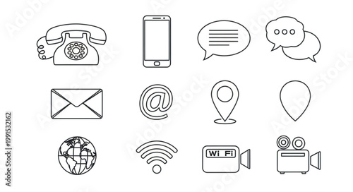 Collection of communication and contact icons in sketch style.