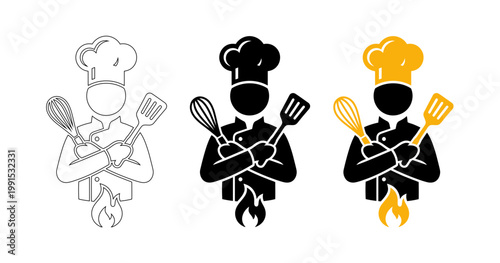 Professional Chef Vector Icon with Hat, Whisk, Spatula, and Fire Flame Illustration