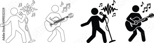 Bild auf Leinwand Singer and Guitarist Vector Icon Set with Musical Notes and Sound Wave Elements