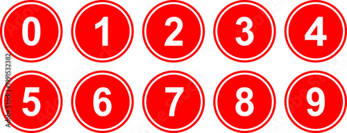Bright red circular buttons displaying double white outline borders and central numeral digits zero to nine