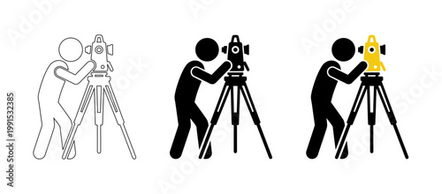 Professional Land Surveyor Measuring with Theodolite Total Station Vector Icon Set