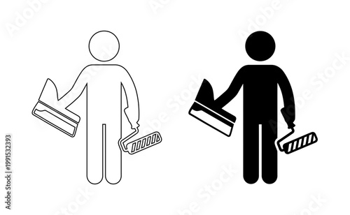 Professional Painter Icon Set with Paint Roller and Putty Knife Scraper Vector Illustration