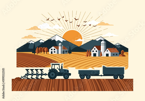 Flat Vector Illustration of an Agricultural Farm Landscape with Tractor, Barns, and Mountains at Sunrise - Sustainable Farming Concept