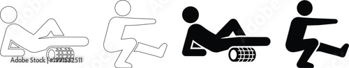 Gym Workout Exercise and Physical Therapy Foam Roller with Single Leg Squat Vector Icon Set