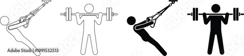 Fitness Gym Workout Vector Icons Set with Weightlifting Barbell and TRX Suspension Training
