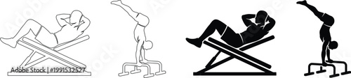 Gym Workout and Calisthenics Icons Set of Sit Up Bench and Handstand on Parallettes Bars