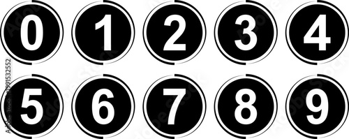 Black solid round infographic buttons containing an offset partial outer ring stroke and white numeral digits