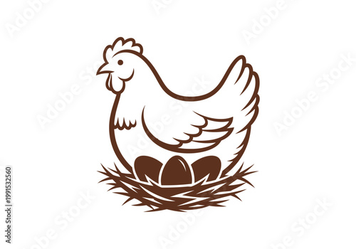 Minimalist Chicken Hen Sitting on Nest with Eggs Vector Illustration