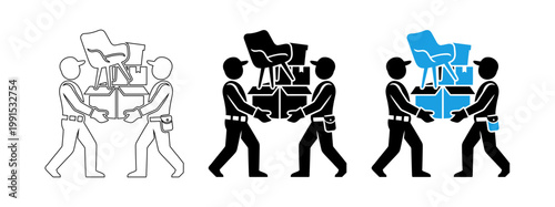 Two professional movers carrying furniture and cardboard boxes vector icon set for relocation service