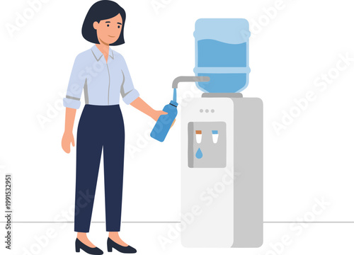 Woman fills blue bottle at office water cooler machine.
