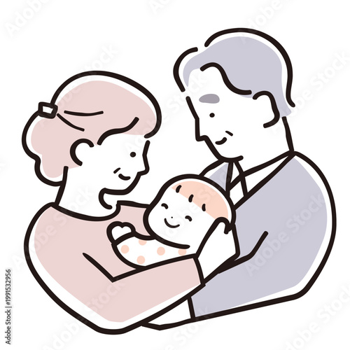 シンプル配色の赤ちゃんを優しく抱く祖父母　横向き構図の家族イラスト