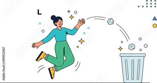 Woman joyfully throwing colorful stars into a trash can outdoors