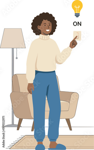 A smiling woman turning on a light switch in a cozy living room with a chair and lamp.