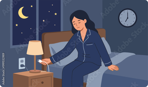 Woman in pajamas sitting on bed turning off lamp at night