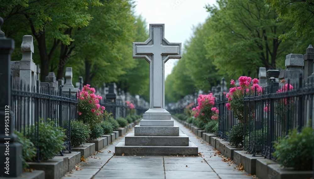 Naklejka premium Stone cross in city cemetery surrounded by green trees and pink flowers. Rows of gravestones and fences create solemn atmosphere for reflection and remembrance.