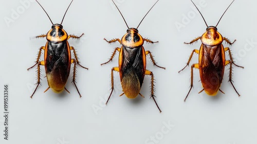 Top view of three brown cockroaches aligned on clean white background