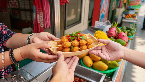Street food vendor serving fried skewers to customer at outdoor market with fresh tropical fruits