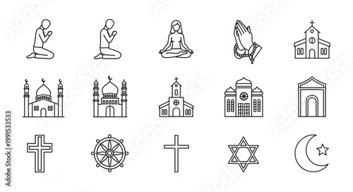 Collection of religious symbols and figures in line art style.