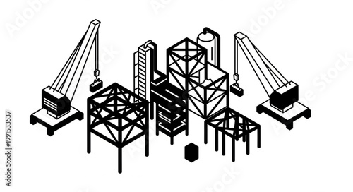 Industrial construction cranes scaffolding steel framework structures.
