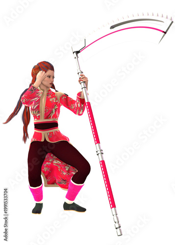 3D Rendered woman in ornate red and gold martial attire poses with a stylized pink and white scythe. Perfect for fantasy gaming, cosplay, or animated character assets.
