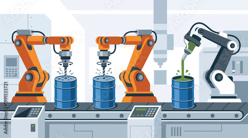 Automated industrial robots processing materials on a production line
