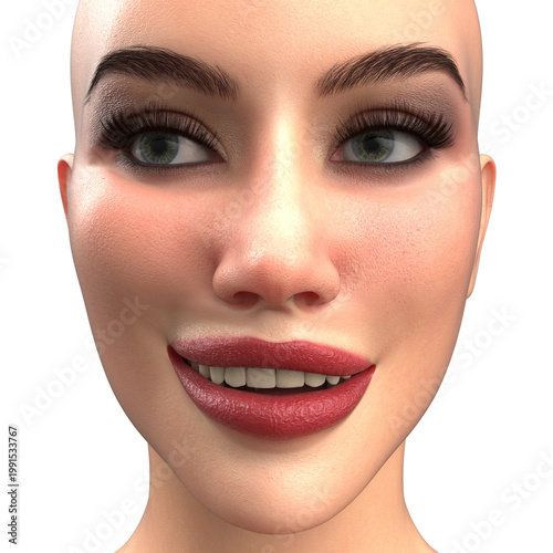 Cheerful 3D rendered female face with bright green eyes, full red lips slightly parted in a warm smile. Great for advertising, positivity, or friendly digital persona use.