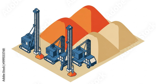 Industrial Construction Site with Machinery and Piles of Material.