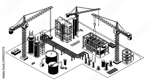 Industrial construction site with multiple tower cranes and structures.