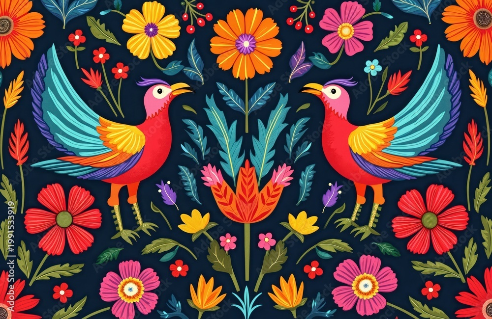 Obraz premium Vibrant folk art pattern shows two colorful birds surrounded by bright flowers and leaves on dark background. This illustration design features traditional Mexican motifs and a handcrafted feel.
